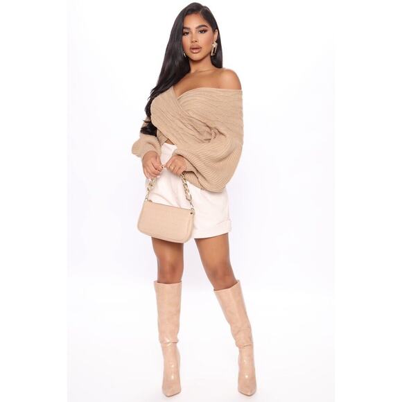FASHION NOVA Sweater Womens Size 1X Keep It Chic Off the Shoulder Tan Top Crop - Picture 2 of 7
